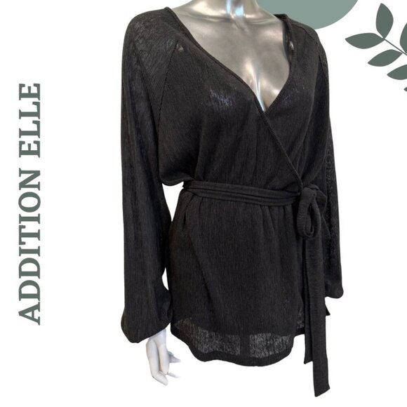 Addition Elle Black Sheer Ribbed Wrap Top with Waist Tie | V-Neck Top | Size 1X - Picture 3 of 7